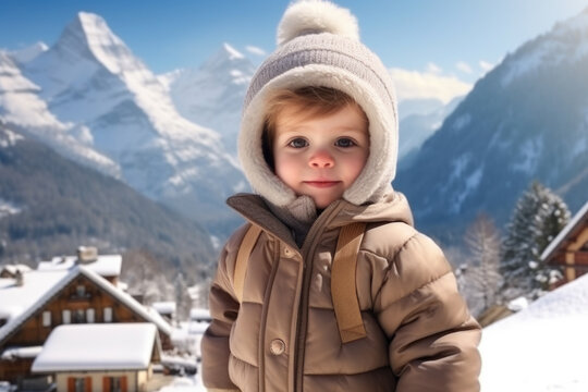 A little boy dressed in a jacket and hat stands in the snow. This image can be used to depict winter, cold weather, outdoor activities, or children playing in the snow