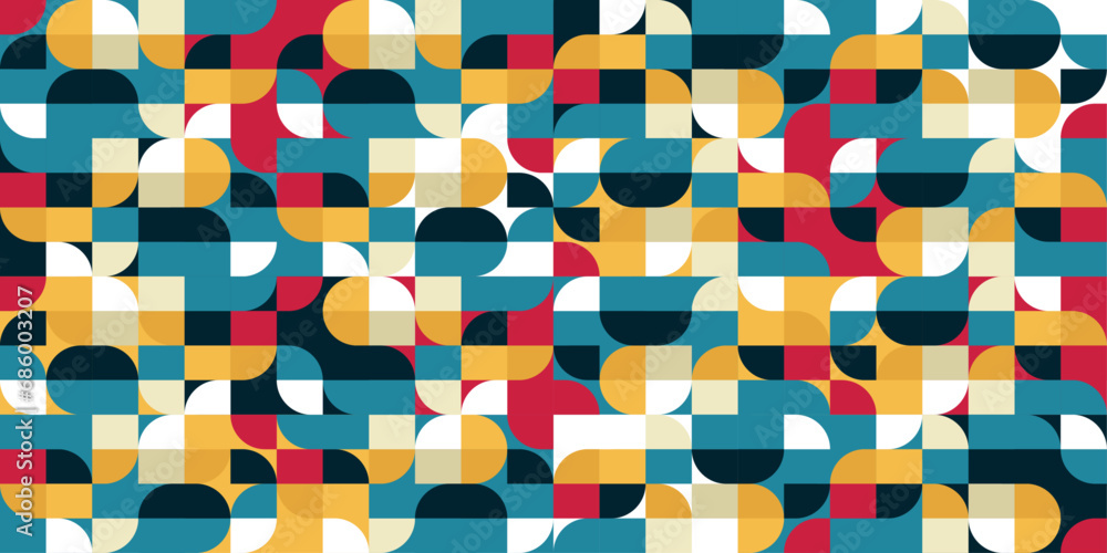 Poster Geometry of round and angular shapes merging into the canvas.