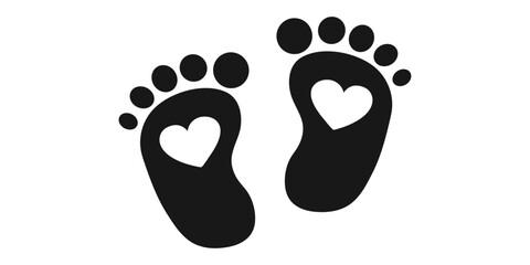 Footprints silhouettes of children's feet. Hearts inside footprints.