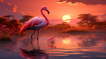Fototapeta premium Lone Flamingo Ballet at Sunset.