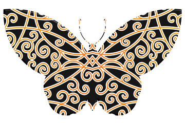 The symmetrical butterfly vector design with dynamic gradient batik dayak flower line art in a luxurious pattern colour