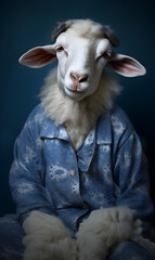 portrait of sheep dressed in pyjamas. funny fashion portrait of an anthropomorphic animal, posing with a charismatic human attitude
