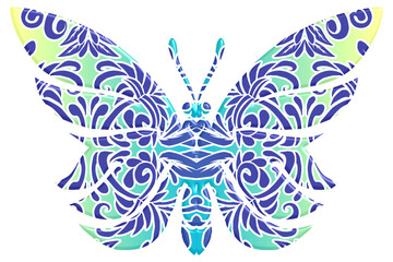 Obraz premium The symmetrical butterfly vector design with dynamic gradient batik dayak flower line art in a luxurious pattern colour
