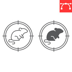 Rat target line and glyph icon, pest control and kill rodent, rat in crosshair vector icon, vector graphics, editable stroke outline sign, eps 10.