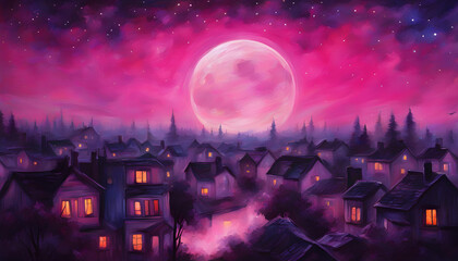 Fantastic oil painting big planet moon over the night city with stars.