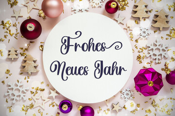 Text Frohes Neues Jahr, Means Happy New Year, Purple Flatlay Christmas Decor