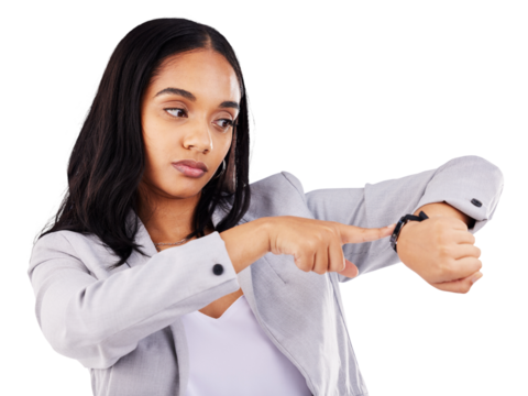 Time, rush and businesswoman with watch annoyed at late person with angry expression. Planner, appointment and frustrated employee checking schedule on isolated or transparent background for problem - Powered by Adobe