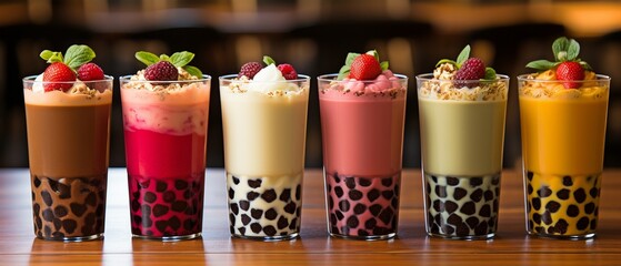 A row of brand-new bubble tea glasses with boba on a wooden backdrop..
