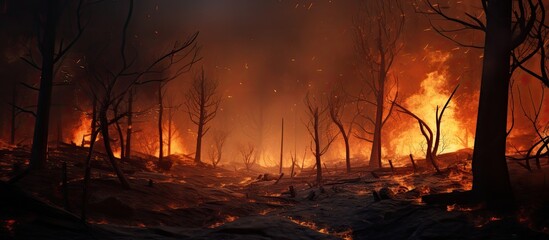 Forest fire is a natural disaster that involves the burning and destruction of trees, leaving behind scorched remains and ashes.