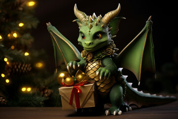 Green cute dragon in full size holding a box