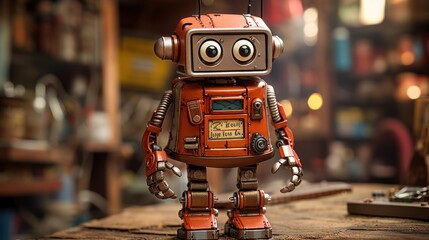 Vintage Style Robot Toy on Wooden Table