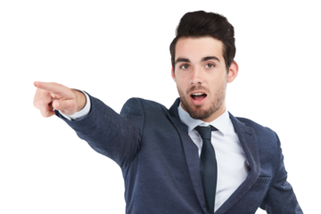 Portrait, business man or pointing with surprise at deal, information or announcement isolated on transparent png background. Worker advertising direction of decision, choice or wow of corporate news