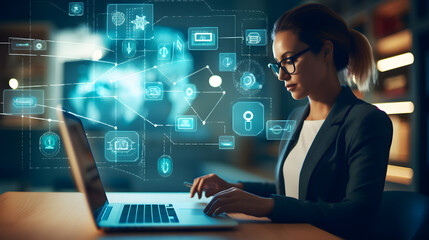  Business, technology, internet and networking concept. Young businesswoman working on his laptop in the office, select the icon security on the virtual display. generative ai. - obrazy, fototapety, plakaty
