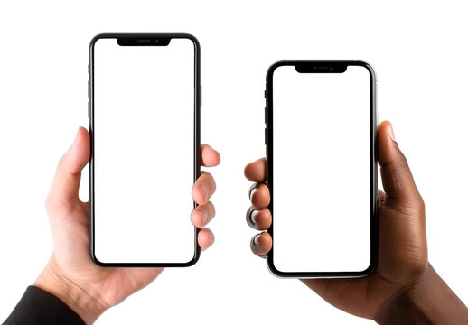 cell phone mockup held in hand, blank screen isolated on transparent background, generative ai