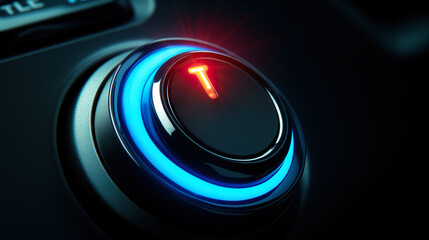 Power start button or ignition launching button with blue light - obrazy, fototapety, plakaty