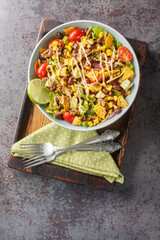 Mexican taco salad of ground beef, vegetable salsa, cheese dressed with creamy sauce close-up on a plate on the table. Vertical top view from above