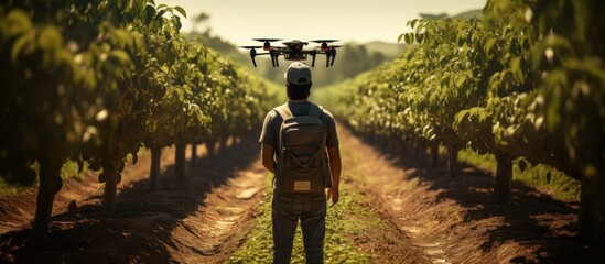 Man with Drone in Vineyard at Sunset