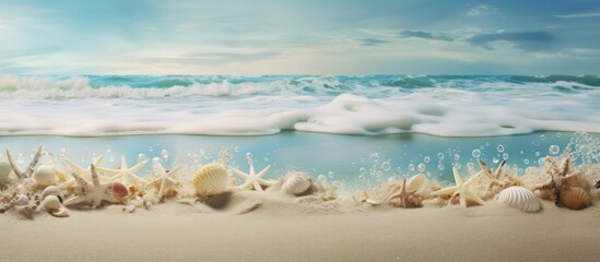 Ocean waves crash, beach sand holds seaweed and shells.