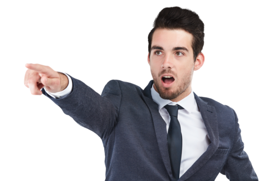Wow, surprise and pointing with a business man isolated on a transparent background for reaction or direction. News, shock and showing with a young employee on PNG for announcement or information