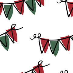 Seamless pattern Doodle Christmas garland. Garland of flags