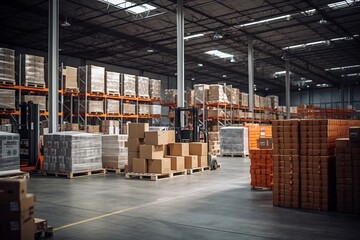 Large commercial warehouse with shelves and cardboard boxes without people. AI generative