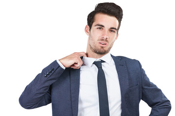 Portrait of business man, hot and stress, tired or frustrated isolated on transparent png background. Heat, corporate professional pulling shirt to sweat, fatigue and nervous face or uncomfortable