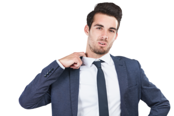 Portrait of business man, hot and stress, tired or frustrated isolated on transparent png background. Heat, corporate professional pulling shirt to sweat, fatigue and nervous face or uncomfortable