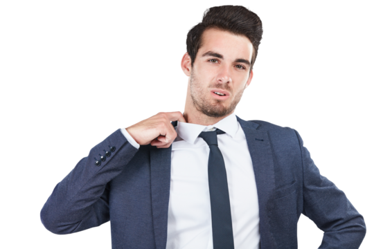 Portrait of business man, hot and stress, tired or frustrated isolated on transparent png background. Heat, corporate professional pulling shirt to sweat, fatigue and nervous face or uncomfortable