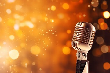 Close up retro microphone with a golden bokeh background. AI generative