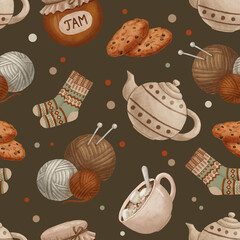 Yarn balls set and knitting needles. Knitting needles, balls of wool, teapot. Hand drawn seamless pattern