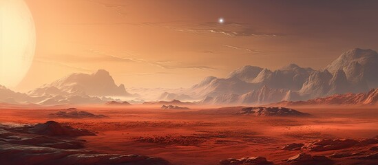 Mars landscape: a captivating red desert with mountains, stars, and 3D artwork, perfect for a space game cover or poster. - obrazy, fototapety, plakaty