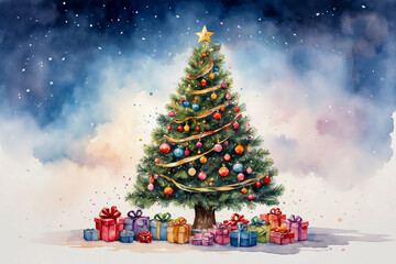 Obraz premium Beautiful Christmas tree decorated with toys, tinsel, garland over watercolor snow background . Holiday greeting card design. Merry Christmas and Happy New Year. Generative AI