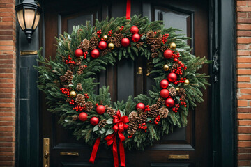Green Christmas wreath on the door, decorated with red and golden balls. Merry Christmas and Happy New Year concept. Generative AI