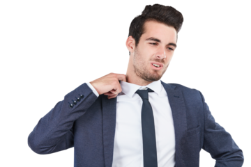 Business man, hot collar and fatigue, stress or frustrated isolated on a transparent png background. Heat, corporate professional pulling shirt to relax and sweat, tired and nervous or uncomfortable