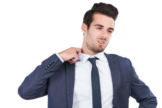 Business man, hot collar and fatigue, stress or frustrated isolated on a transparent png background. Heat, corporate professional pulling shirt to relax and sweat, tired and nervous or uncomfortable - Powered by Adobe