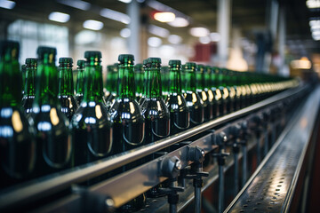 Bottling plant manufacturing bottling drinks. Factory for the production of beer cider. Brewery conveyor glass beer drink alcohol bottles, modern production line. Blurred background. Selective focus.