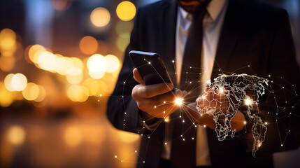Businessman using mobile smart phone. Business global internet connection application technology and digital marketing, Financial and banking, Digital link tech. generative ai.