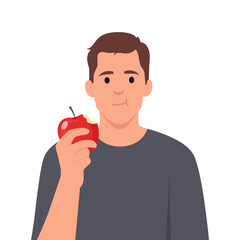 Cute young man eating apple. Flat vector illustration isolated on white background