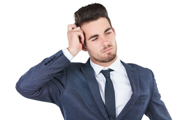 Thinking, confused and business man with doubt, problem solving or planning strategy isolated on a transparent png background. Professional lawyer question decision, solution and reflection of idea