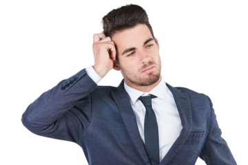 Thinking, confused and business man with doubt, problem solving or planning strategy isolated on a transparent png background. Professional lawyer question decision, solution and reflection of idea