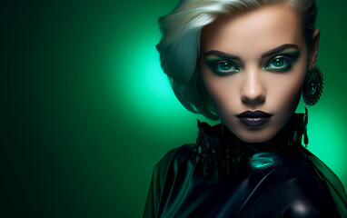 Fototapeta premium Girl in Intense Emerald Fashion. Glamour in Black and Green