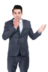 Portrait, surprise and business man cover mouth, shocked and react to corporate announcement, notification or news. Gasp, sales alert and professional person isolated on transparent, png background