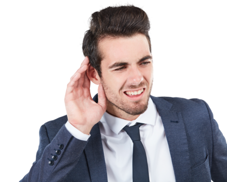 Businessman, ear and listening gossip as professional employee, word of mouth or office secret rumor. Male person, hand gesture for hearing conversation chat isolated, transparent png as background