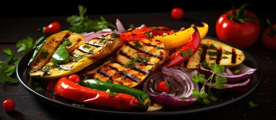 Grilled healthy vegetables with red pepper.