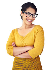 Isolated teacher woman, arms crossed and smile in portrait with glasses by transparent png...