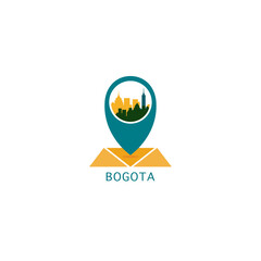 Bogota city map pin point geolocation modern skyline vector logo icon isolated illustration. Colombia pointer emblem with landmarks and building silhouettes