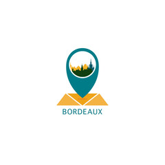 Bordeaux city map pin point geolocation modern skyline vector logo icon isolated illustration. France, Gironde pointer emblem with landmarks and building silhouettes - obrazy, fototapety, plakaty