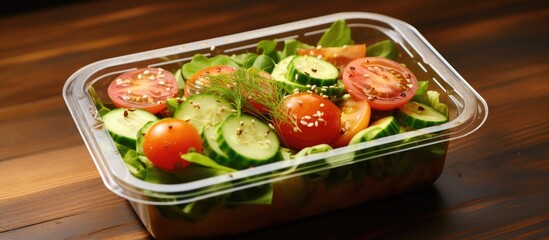 Floating slices of cherry tomato, cucumber, and green salad in a craft box for take-out, on a wooden table.