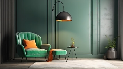 Modern interior design of living room with grey sofa, floor lamp and green armchair. Generative Ai