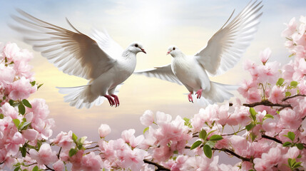 white doves and pink flowers - obrazy, fototapety, plakaty